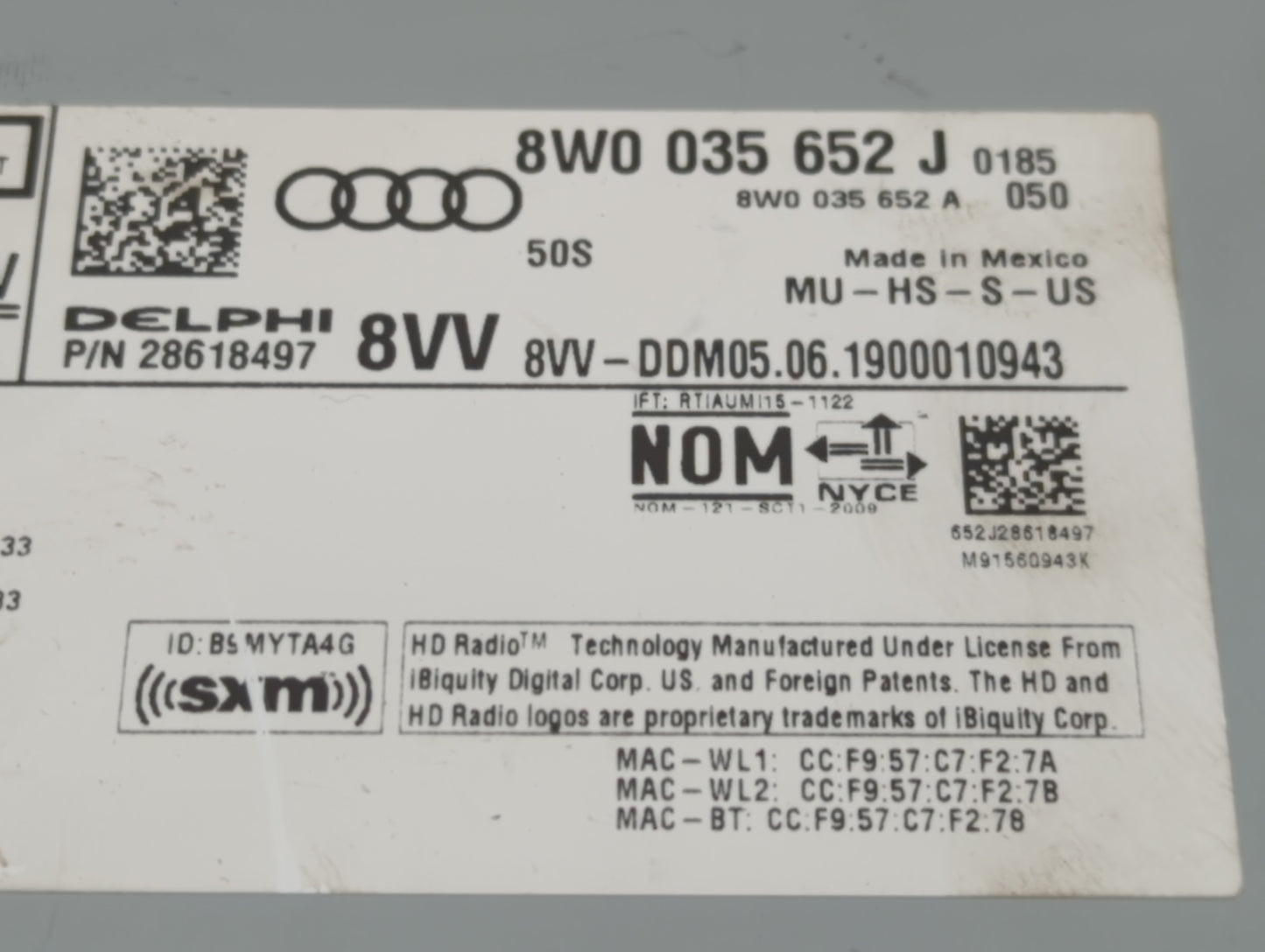 2019 Audi Q5 Radio AM FM Cd Player Receiver Replacement P/N:8W0 035 652 J Fits OEM Used Auto Parts - Oemusedautoparts1.com