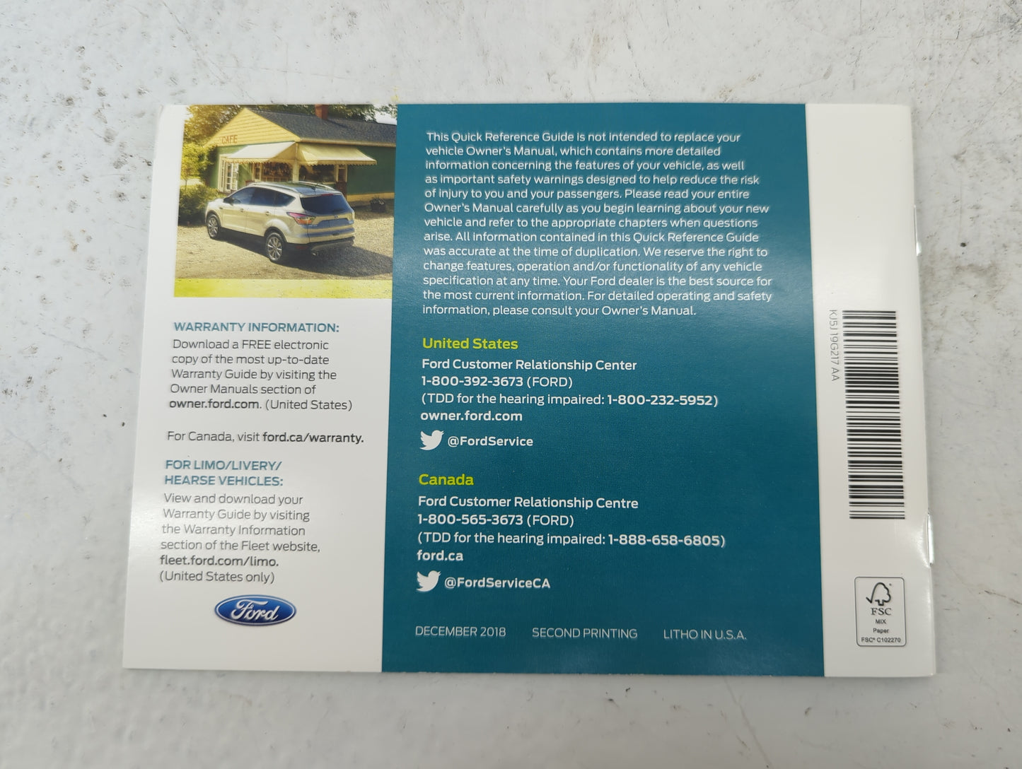 2019 Ford Escape Owners Manual Book Guide P/N:KJ5J19A321AB KJ5J19G217AA OEM Used Auto Parts - Oemusedautoparts1.com