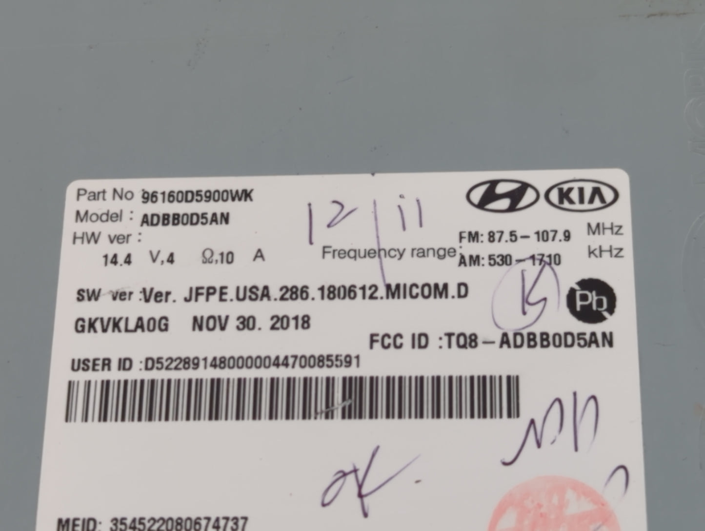 2019-2020 Kia Optima Radio AM FM Cd Player Receiver Replacement P/N:96160D5900WK Fits Fits 2019 2020 OEM Used Auto Parts - O