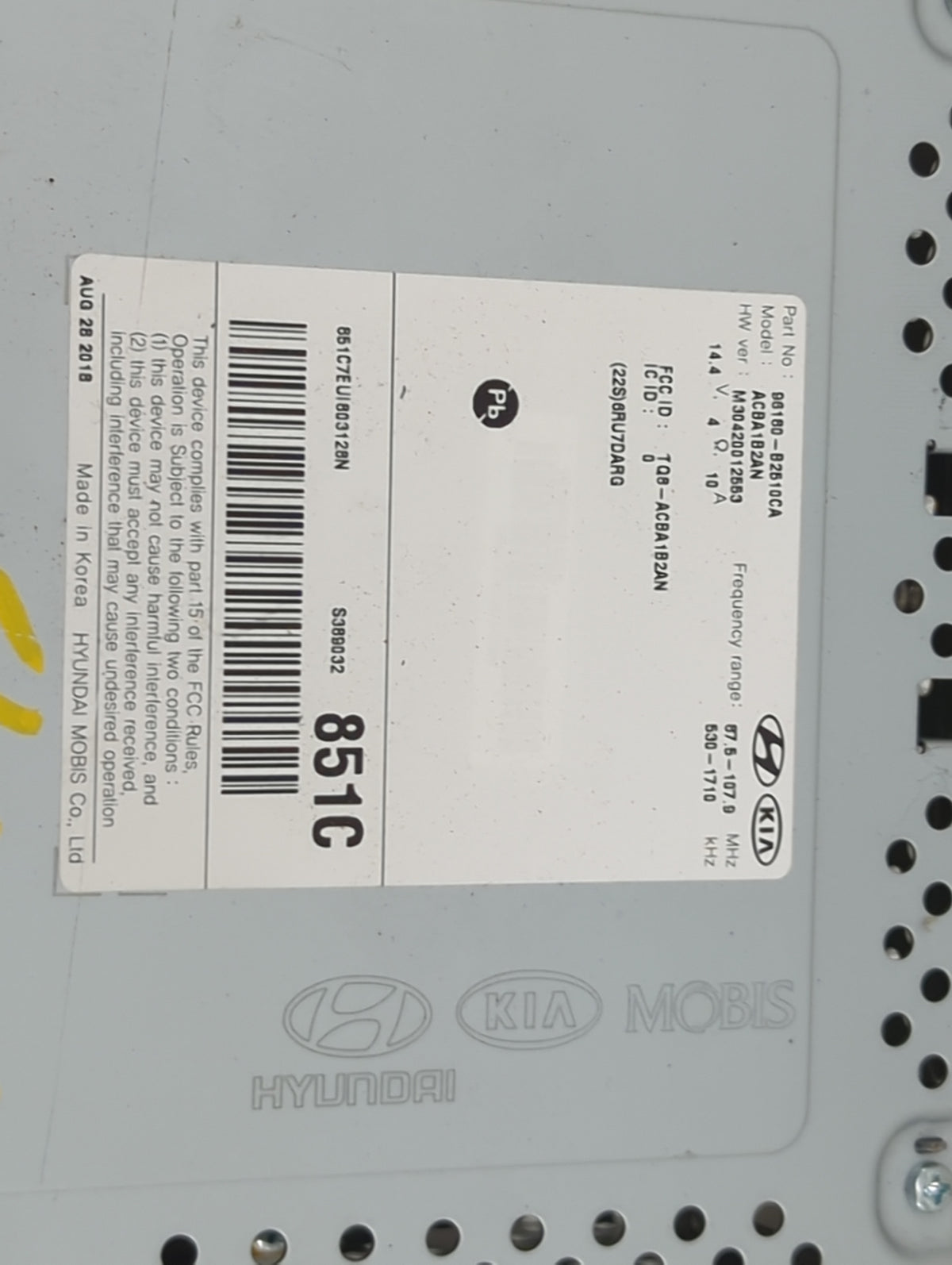 2019 Kia Soul Radio AM FM Cd Player Receiver Replacement P/N:96180-B2510CA ACBA1B2AN, 851C7EU1803128N Fits OEM Used Auto Par