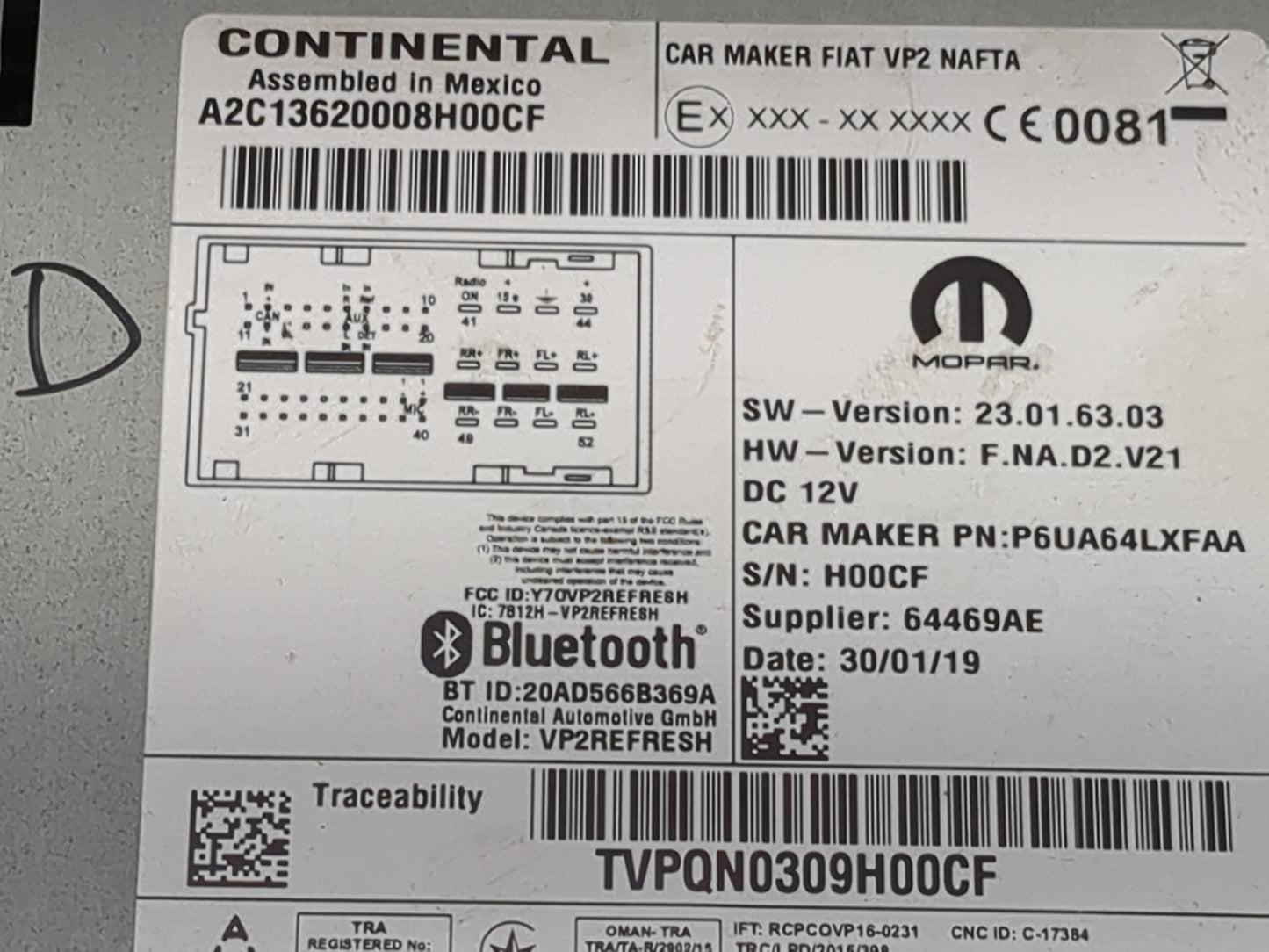 2018-2019 Ram Promaster 2500 Radio AM FM Cd Player Receiver Replacement P/N:A2C13620008H00CF P6UA64LXFAA Fits Fits 2018 2019