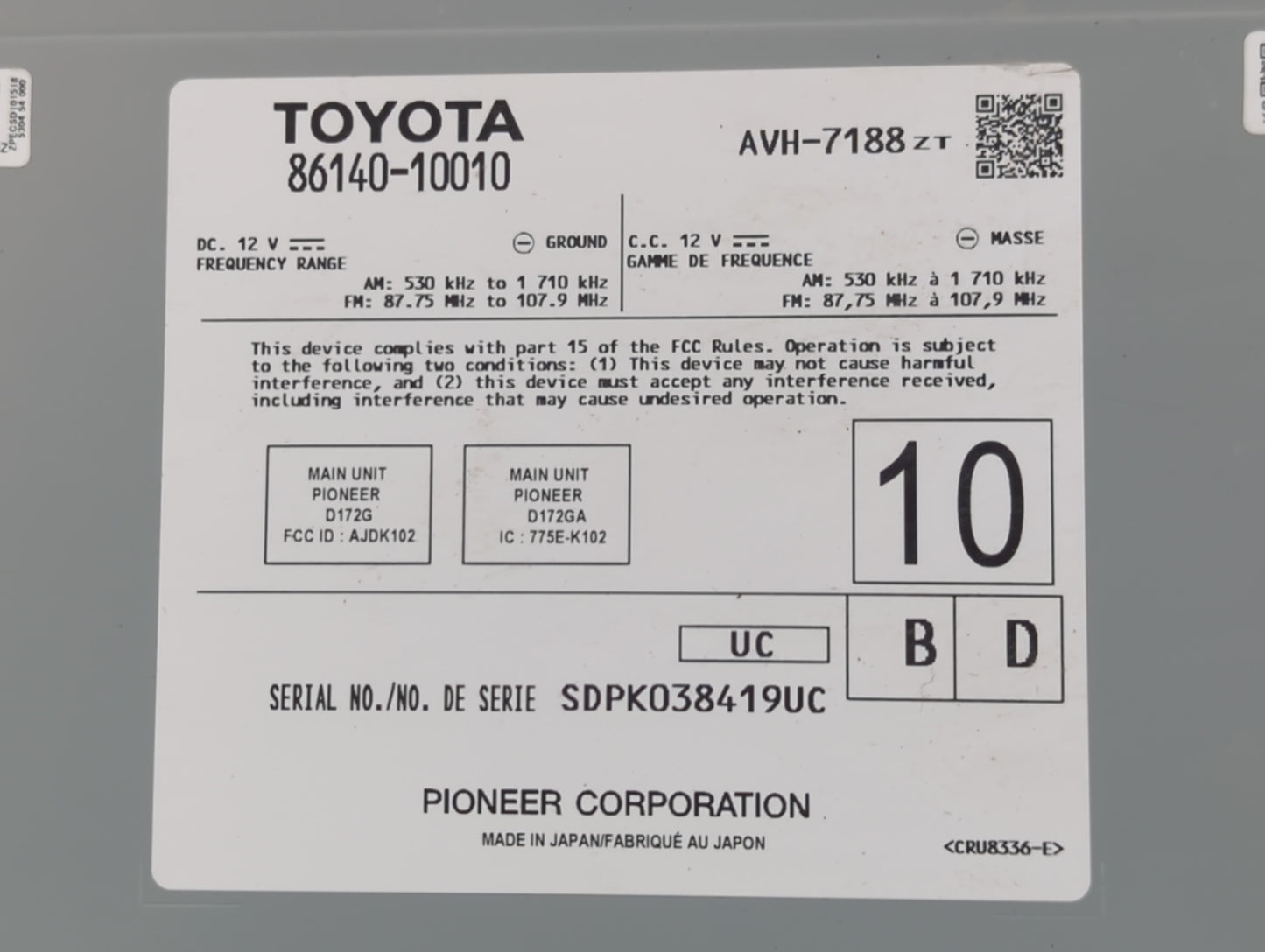 2019 Toyota C-Hr Radio AM FM Cd Player Receiver Replacement P/N:86140-10010 Fits OEM Used Auto Parts - Oemusedautoparts1.com
