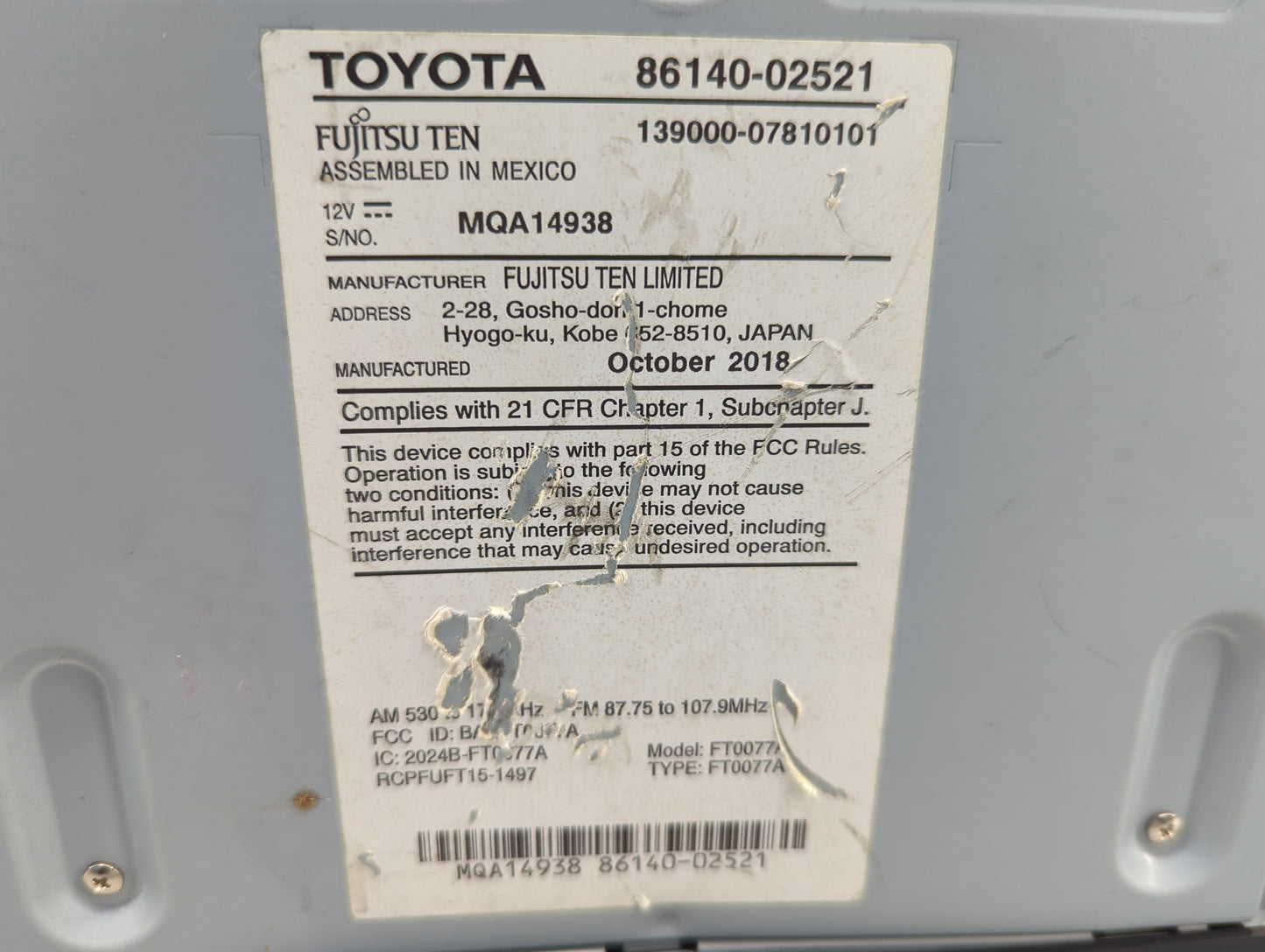 2017-2019 Toyota Corolla Radio AM FM Cd Player Receiver Replacement P/N:86140-02521 139000-07810101 Fits Fits 2017 2018 2019