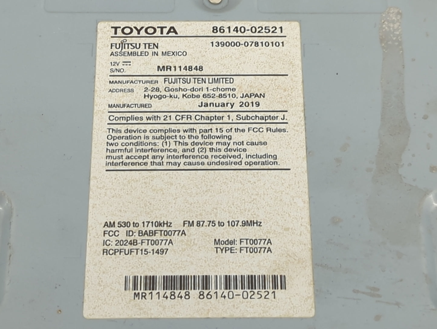 2017-2019 Toyota Corolla Radio AM FM Cd Player Receiver Replacement P/N:86140-02521 139000-07810101 Fits Fits 2017 2018 2019