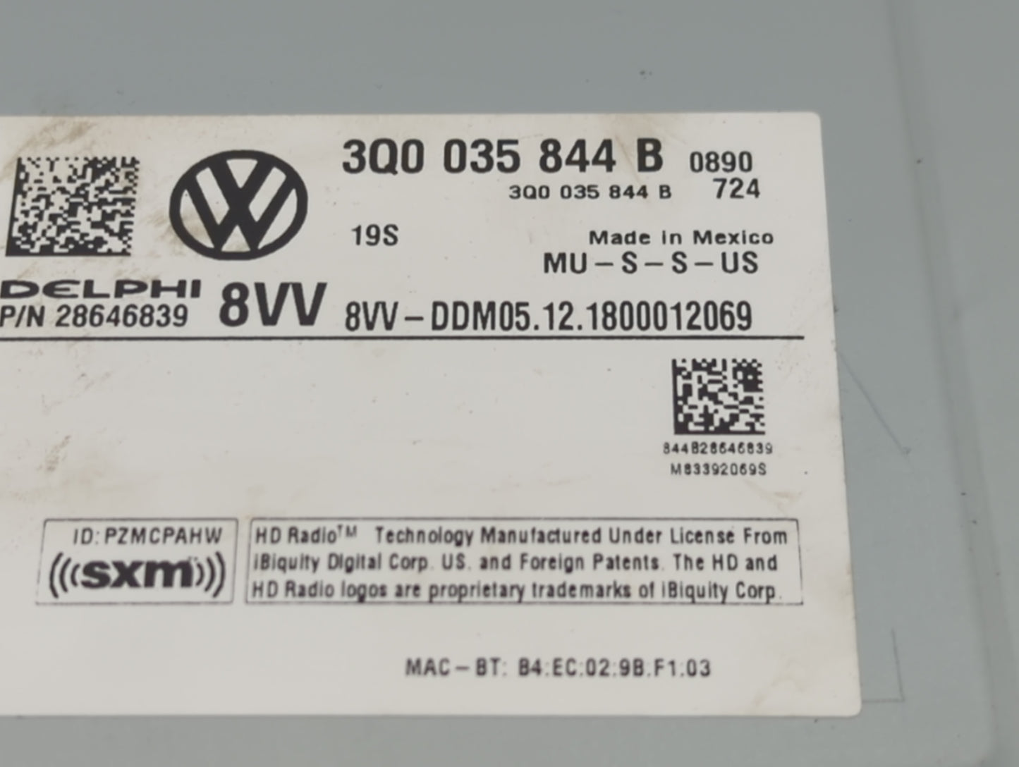 2019 Volkswagen Atlas Radio AM FM Cd Player Receiver Replacement P/N:3Q0 035 844 B Fits Fits 2018 2020 OEM Used Auto Parts -