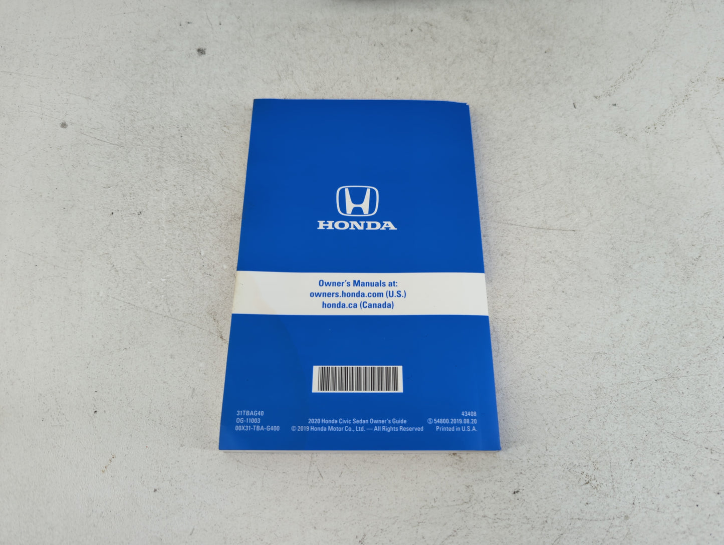 2020 Honda Civic Owners Manual Book Guide P/N:00X31-TBA-G400 OEM Used Auto Parts - Oemusedautoparts1.com