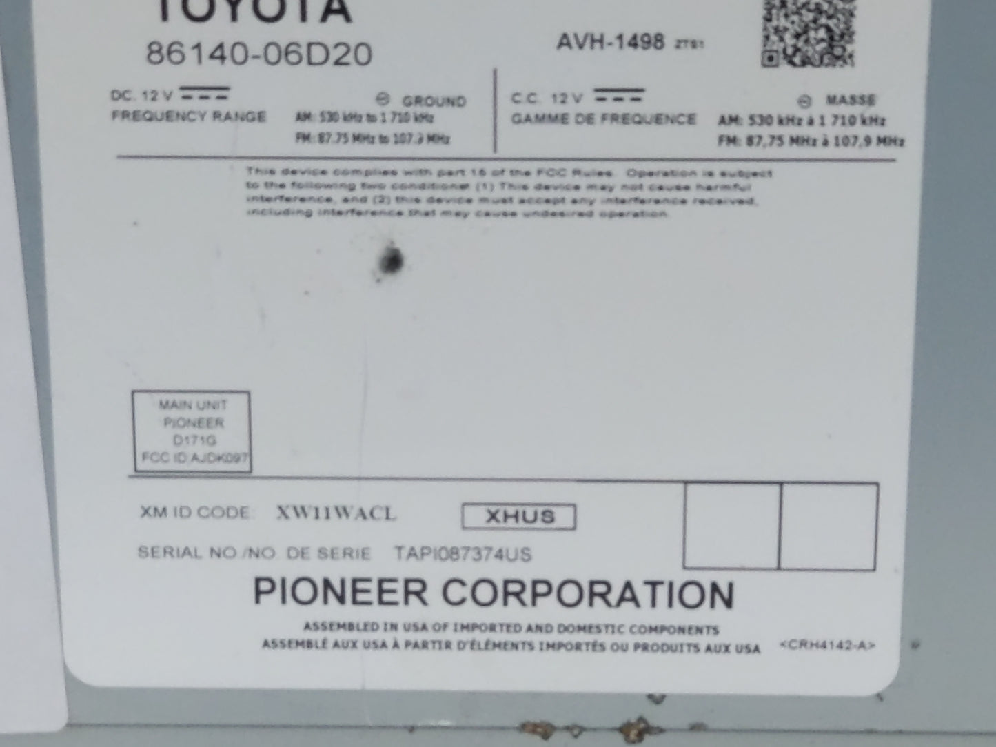 2018-2020 Toyota Camry Radio AM FM Cd Player Receiver Replacement P/N:86140-06D20 AVH-1498, D171G Fits Fits 2018 2019 2020 O