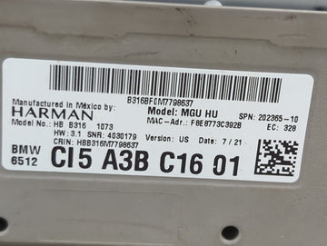 2021 Bmw 330i Radio AM FM Cd Player Receiver Replacement P/N:HBB316M7798637 HB B316 1073 Fits Fits 2018 2019 2020 2022 OEM Used Auto Parts