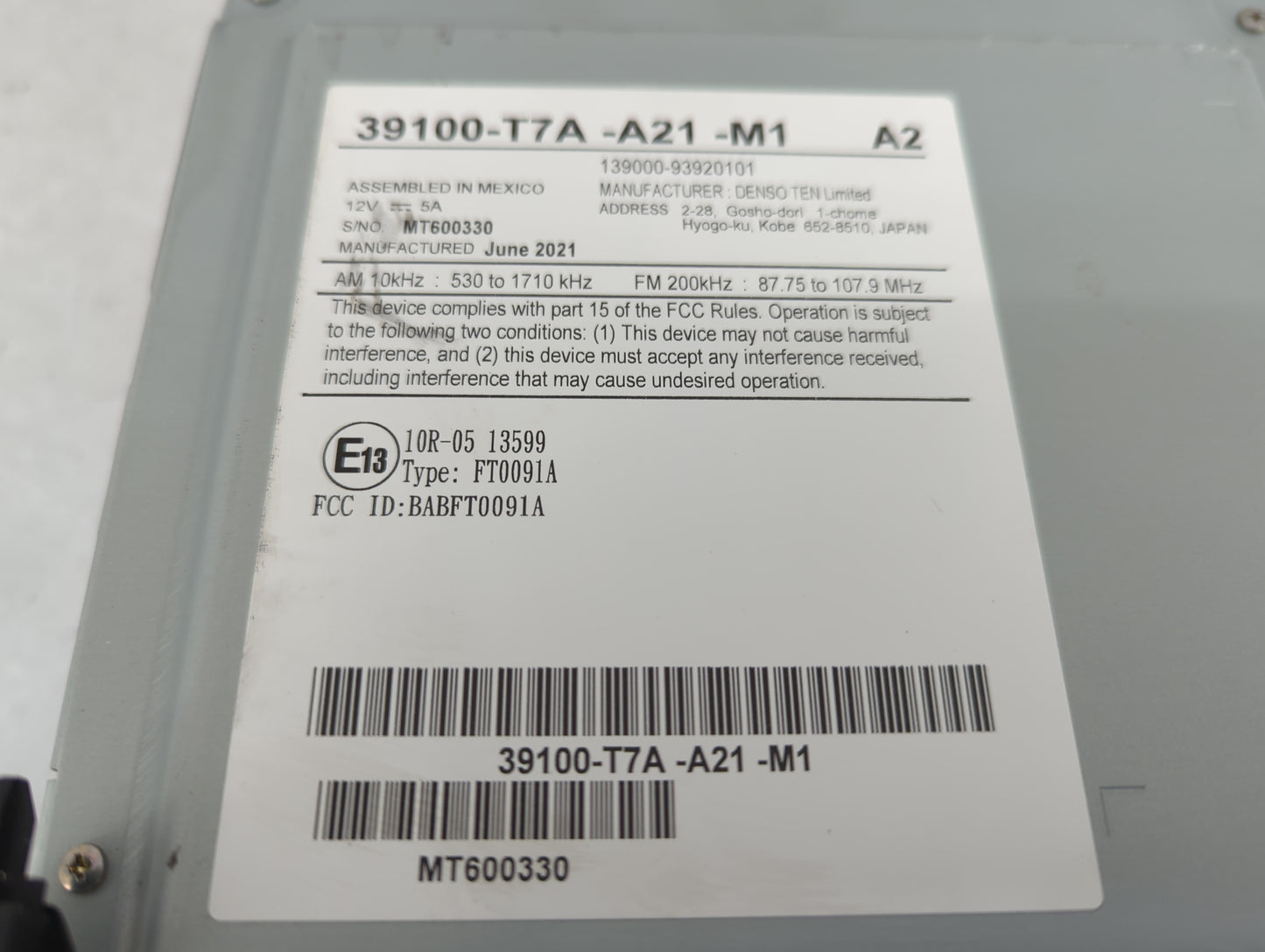 2019-2022 Honda Hr-V Radio AM FM Cd Player Receiver Replacement P/N:39100-T7A-A21-M1 Fits Fits 2019 2020 2021 2022 OEM Used