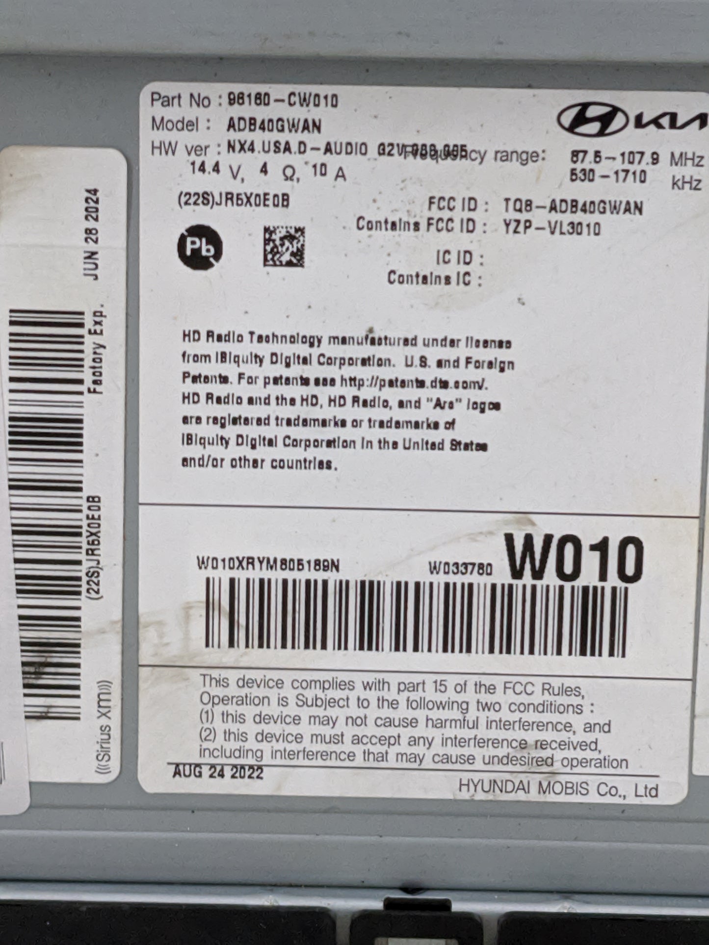 2022 Hyundai Tucson Radio AM FM Cd Player Receiver Replacement P/N:96160-CW010 ADB40GWAN, TQ8-ADB40GWAN, YZP-VL3010 Fits OEM