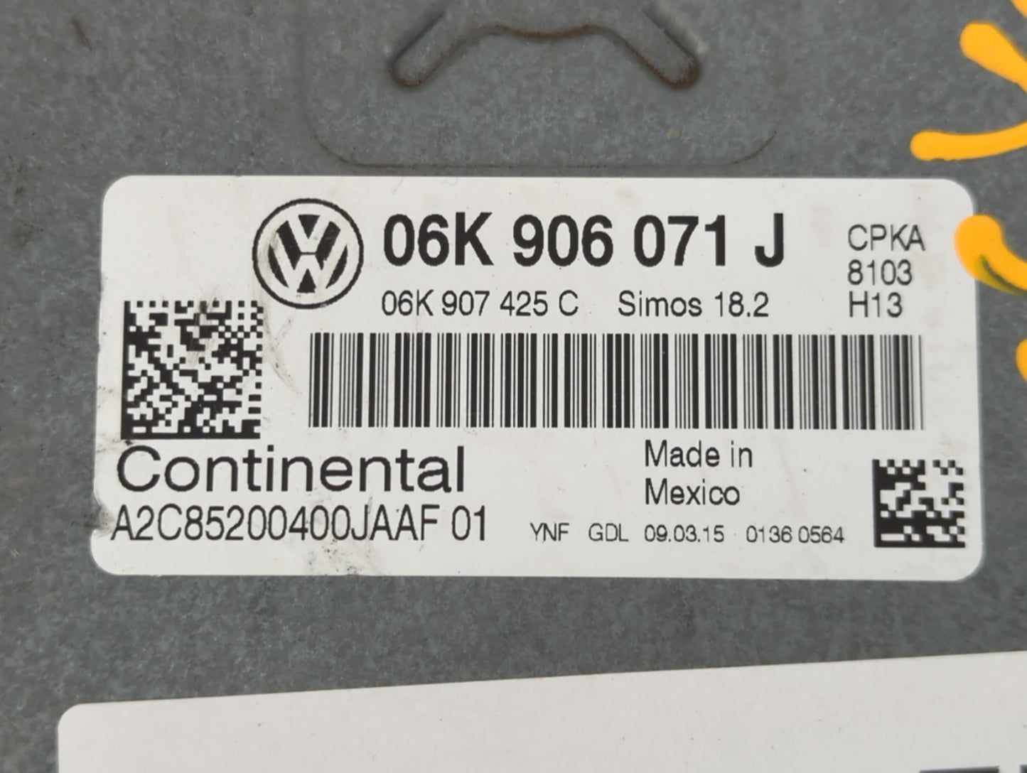 2015 Volkswagen Passat PCM Engine Control Computer ECU ECM PCU OEM P/N:06K 906 071 J Fits OEM Used Auto Parts - Oemusedautoparts1.com