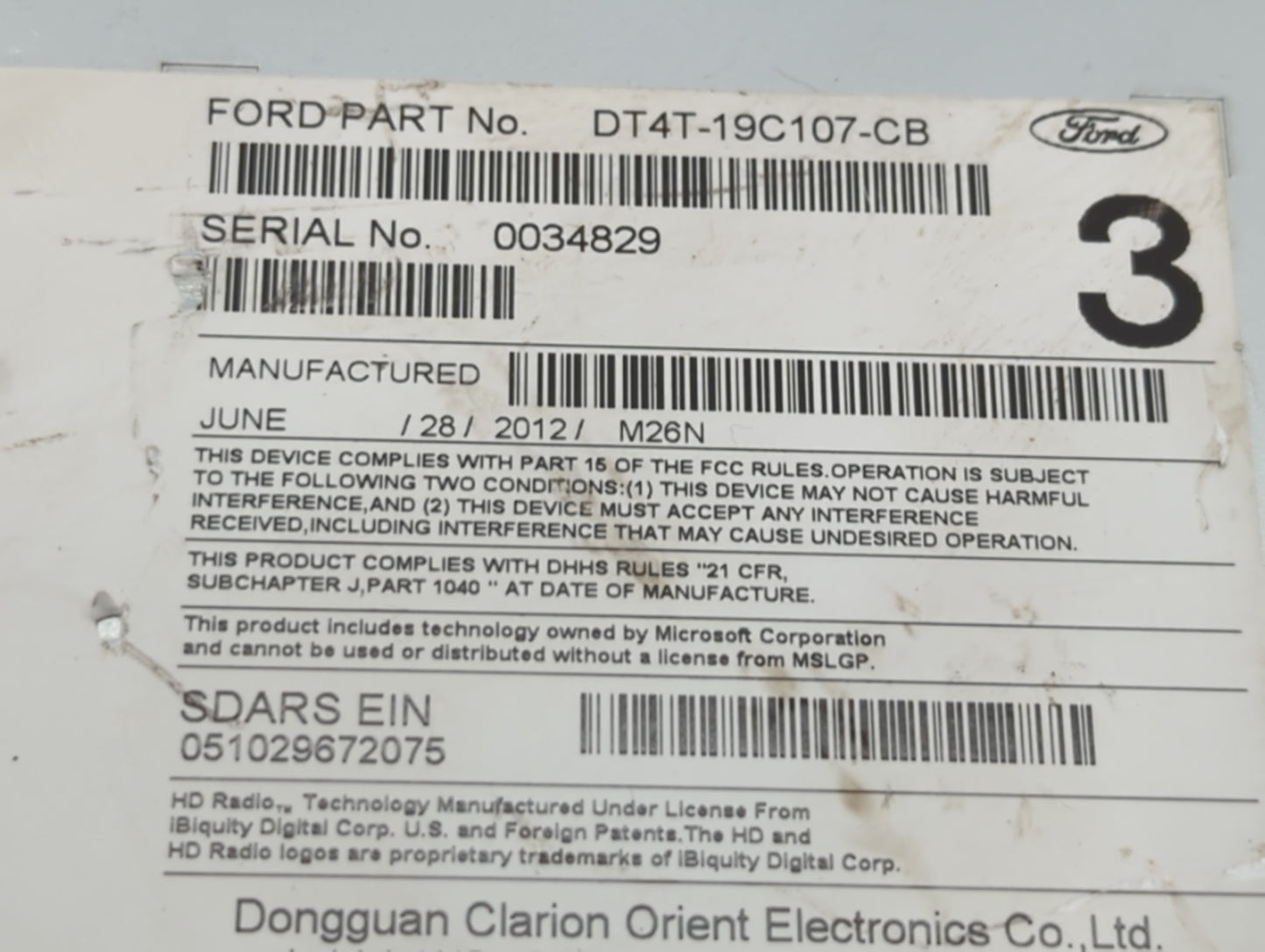 2013 Ford Edge Radio AM FM Cd Player Receiver Replacement P/N:DT4T-19C107-CB Fits OEM Used Auto Parts - Oemusedautoparts1.com