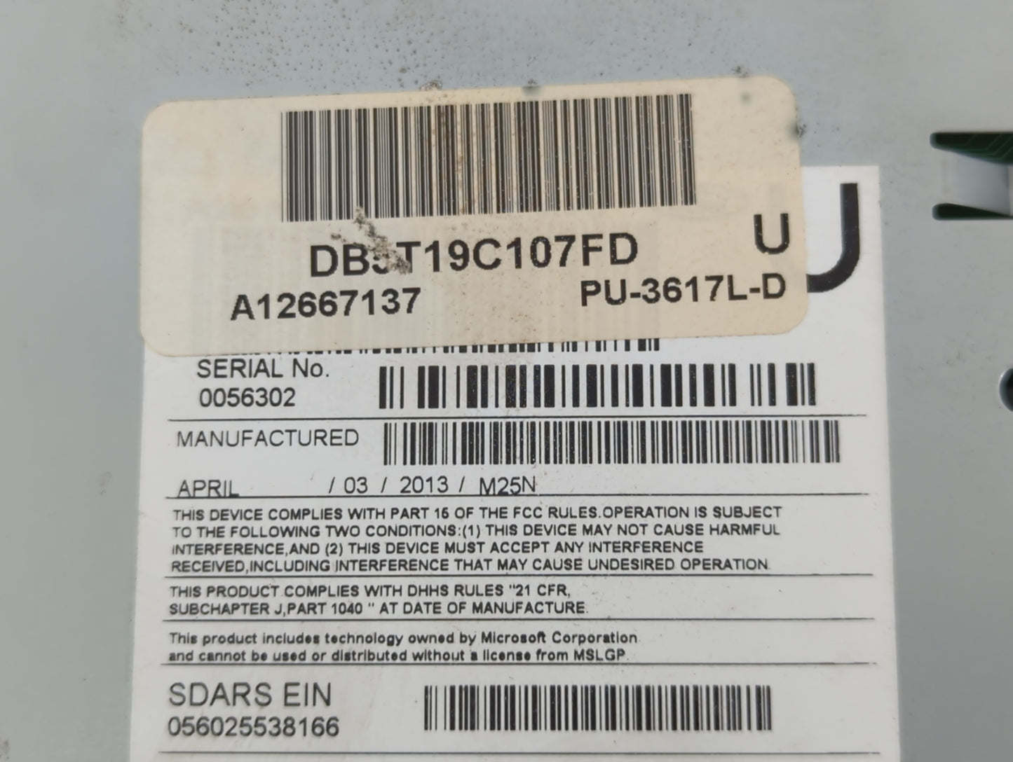 2013 Ford Explorer Radio AM FM Cd Player Receiver Replacement P/N:DB5T19C107FD PU-3617L-D, A12667137 Fits OEM Used Auto Parts - Oemusedautoparts1.com