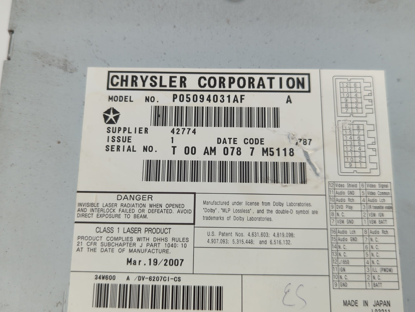 2007-2008 Chrysler Pacifica Radio AM FM Cd Player Receiver Replacement P/N:P05094031AF Fits Fits 2007 2008 OEM Used Auto Parts - Oemusedautoparts1.com