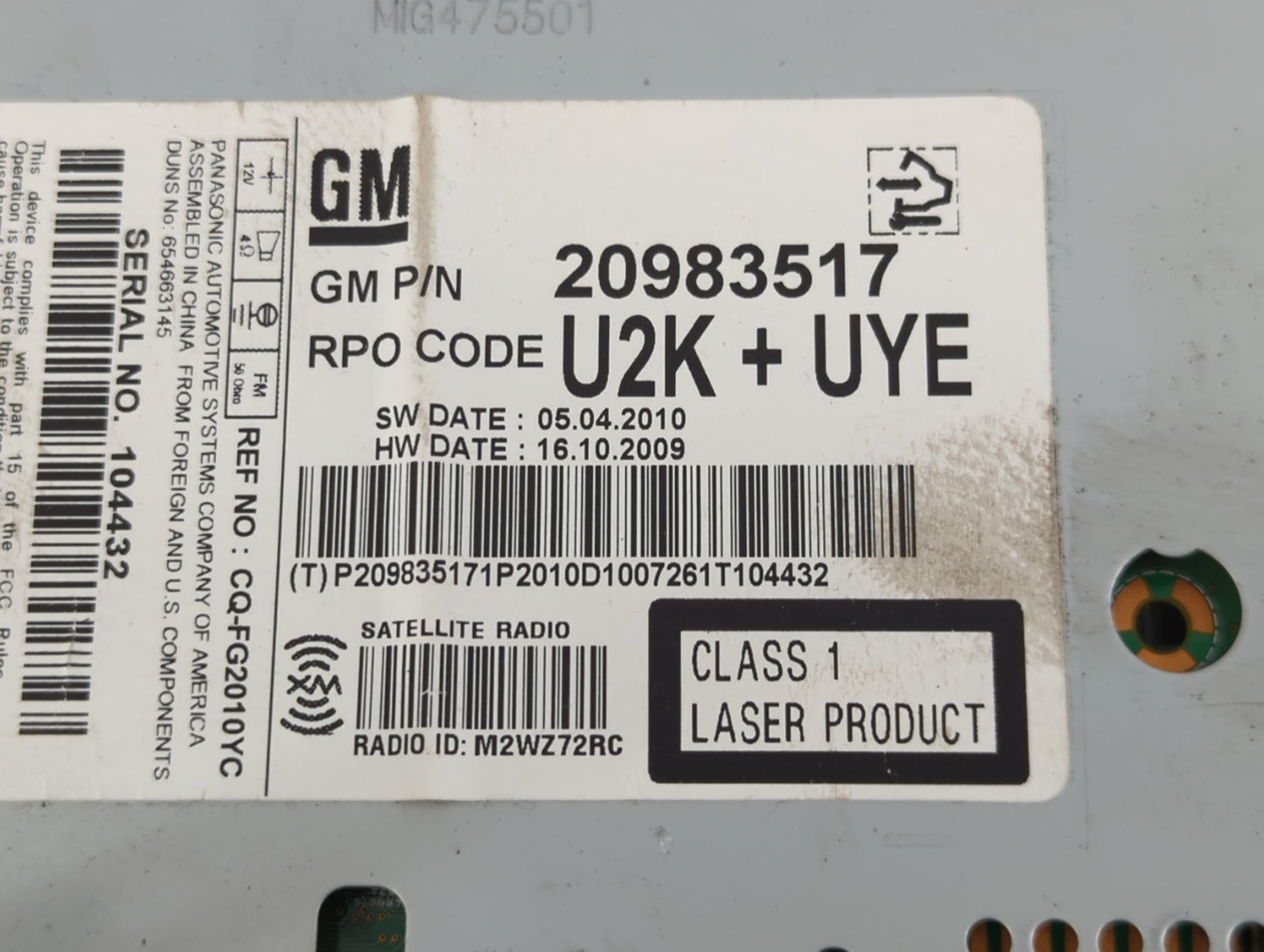 2011 Buick Regal Radio AM FM Cd Player Receiver Replacement P/N:20983517 Fits Fits 2010 OEM Used Auto Parts - Oemusedautoparts1.com