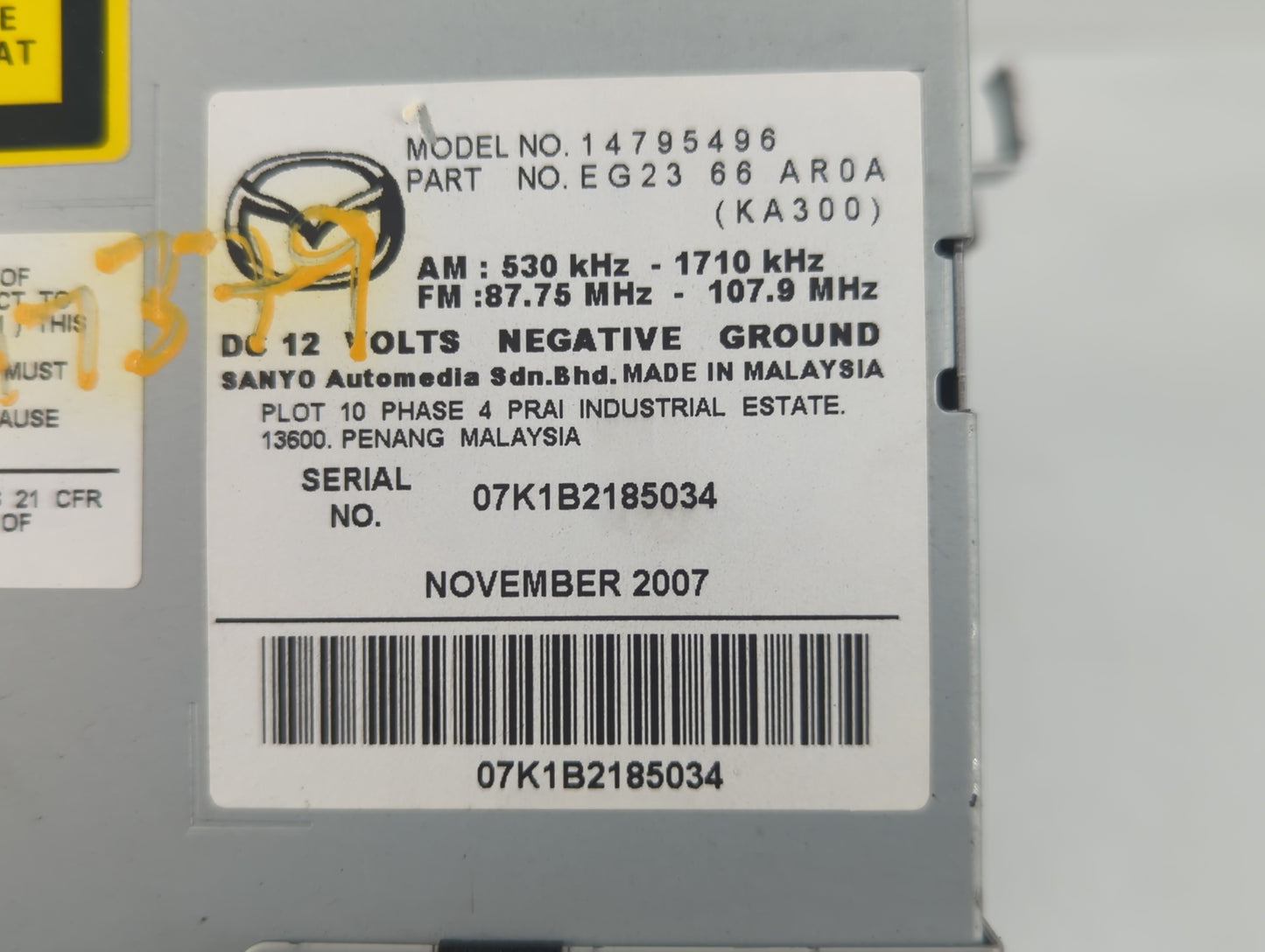 2007-2009 Mazda Cx-7 Radio AM FM Cd Player Receiver Replacement P/N:EG23 66 AR0A Fits Fits 2007 2008 2009 OEM Used Auto Parts - Oemusedautoparts1.com