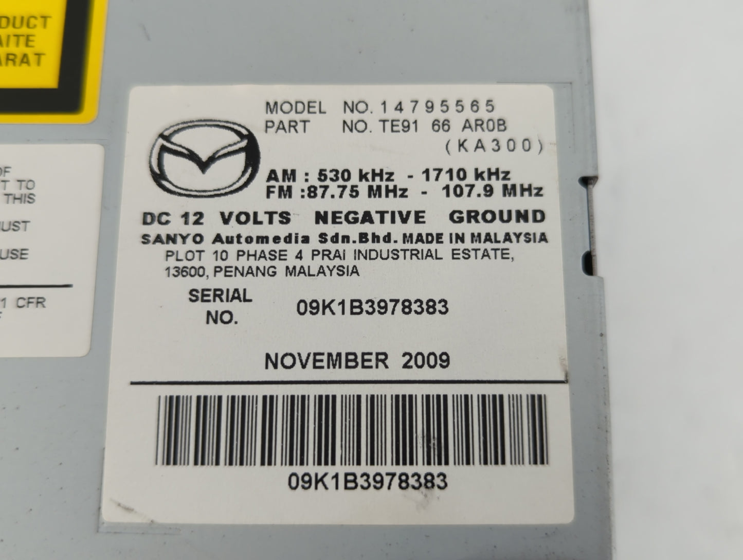 2009-2010 Mazda Cx-9 Radio AM FM Cd Player Receiver Replacement P/N:09K1B3978383 14795565 Fits Fits 2009 2010 OEM Used Auto Parts