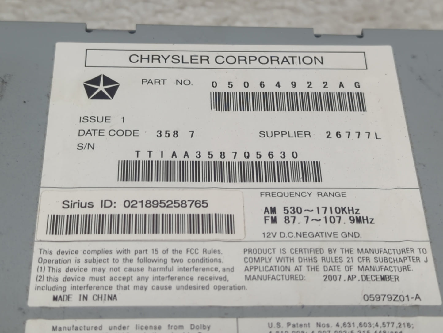 2007-2010 Chrysler Sebring Radio AM FM Cd Player Receiver Replacement Fits Fits 2007 2008 2009 2010 OEM Used Auto Parts - Oe