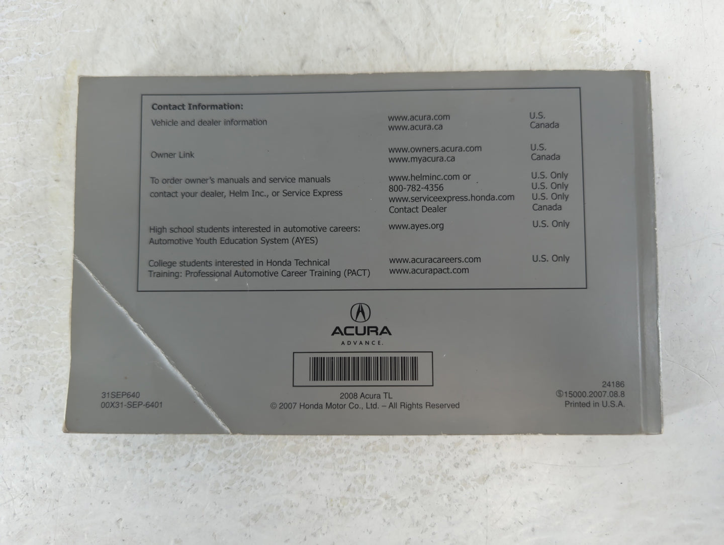 2008 Acura Tl Owners Manual Book Guide P/N:31SEP640 00X31-SEP-6401 OEM Used Auto Parts - Oemusedautoparts1.com
