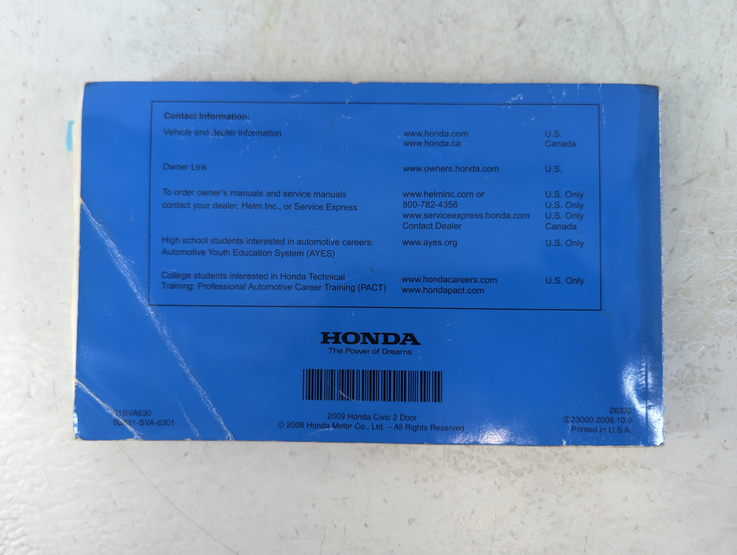 2009 Honda Civic Owners Manual Book Guide P/N:31SVA630 00X31-SVA-6301 OEM Used Auto Parts