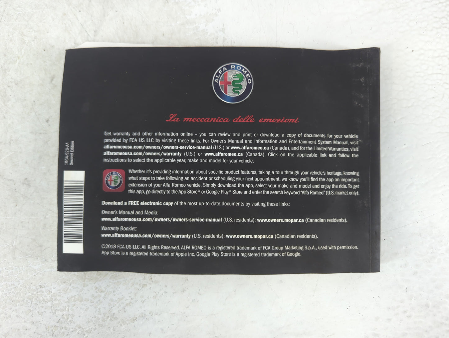 2019 Alfa Romeo Giulia Owners Manual Book Guide P/N:19GA-926-AA OEM Used Auto Parts