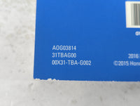 2016 Honda Civic Owners Manual Book Guide P/N:00X31-TBA-G002 OEM Used Auto Parts