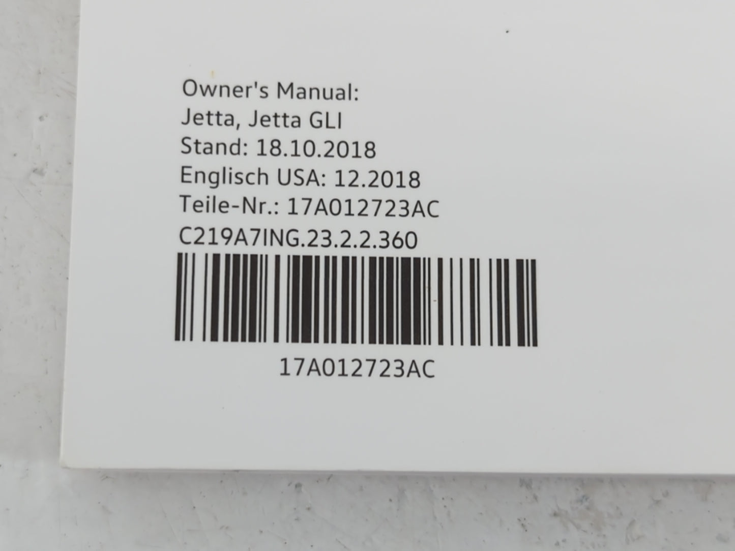 2019 Volkswagen Jetta Owners Manual Book Guide P/N:17A012723AC OEM Used Auto Parts
