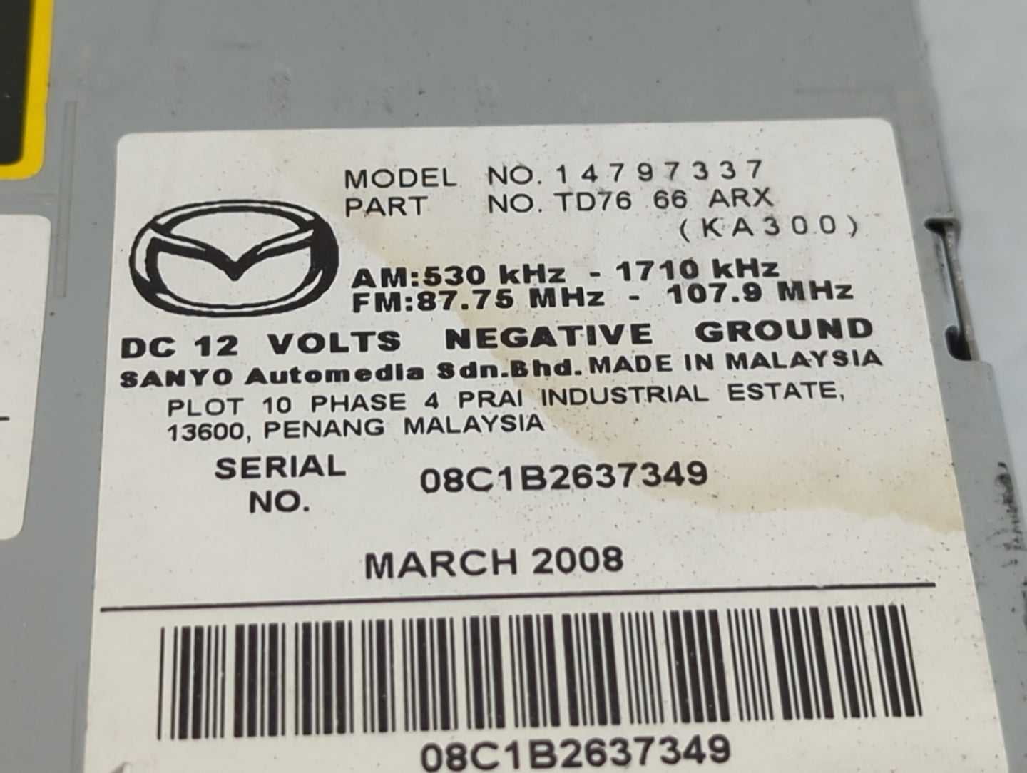 2008 Mazda Cx-9 Radio AM FM Cd Player Receiver Replacement P/N:TD76 66 ARX 14797337 Fits OEM Used Auto Parts - Oemusedautoparts1.com