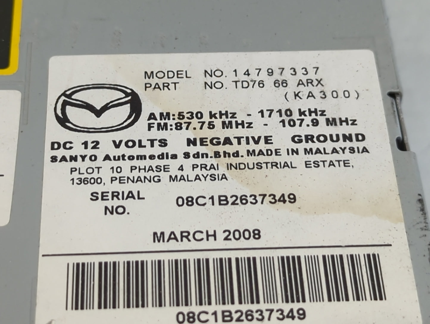 2008 Mazda Cx-9 Radio AM FM Cd Player Receiver Replacement P/N:TD76 66 ARX 14797337 Fits OEM Used Auto Parts - Oemusedautoparts1.com