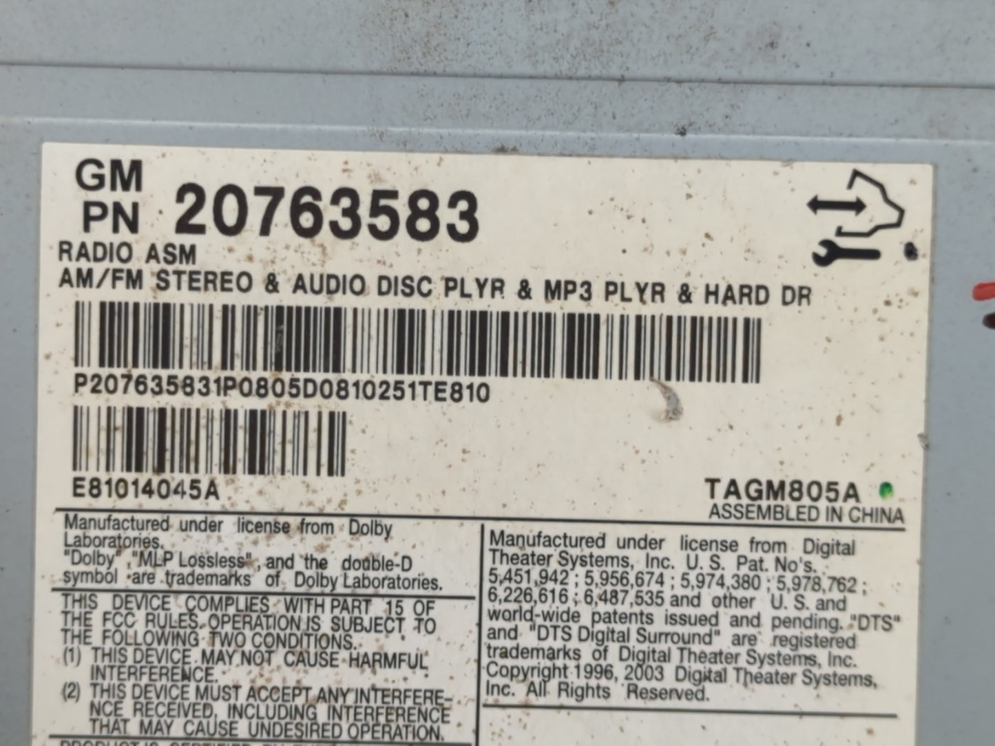 2009-2011 Cadillac Cts Radio AM FM Cd Player Receiver Replacement P/N:20822590 Fits Fits 2009 2010 2011 OEM Used Auto Parts - Oemusedautoparts1.com