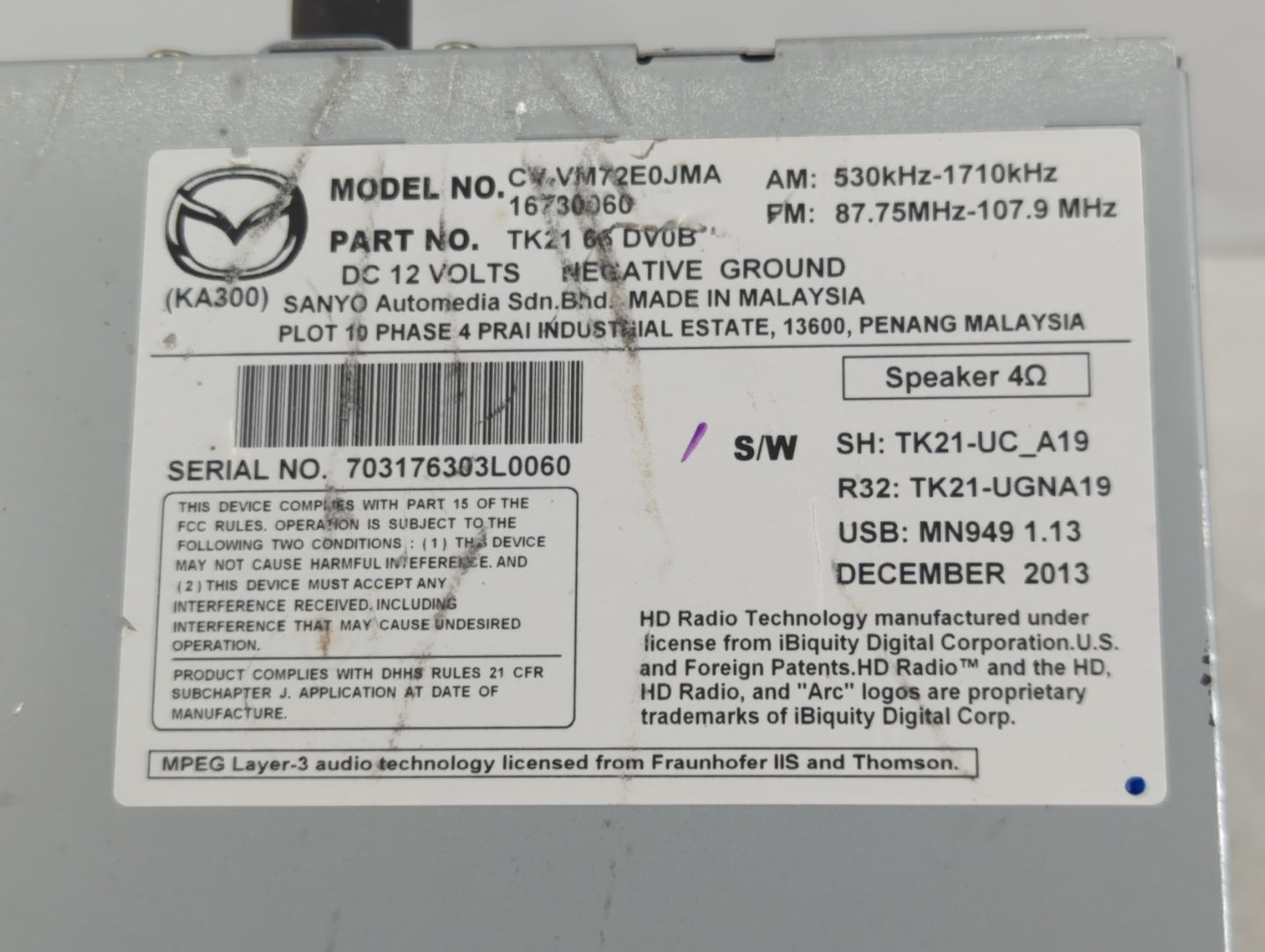 2013-2015 Mazda Cx-9 Radio AM FM Cd Player Receiver Replacement P/N:TK21 66 DV0B Fits Fits 2013 2014 2015 OEM Used Auto Parts - Oemusedautoparts1.com