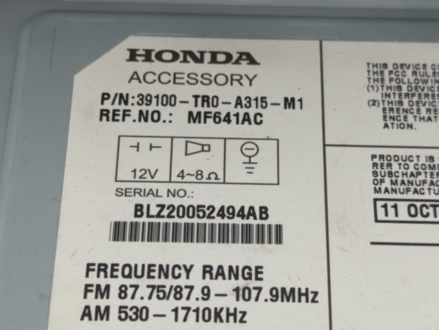 2012 Honda Civic Radio AM FM Cd Player Receiver Replacement P/N:39100-TR0-A315-M1 Fits OEM Used Auto Parts - Oemusedautoparts1.com