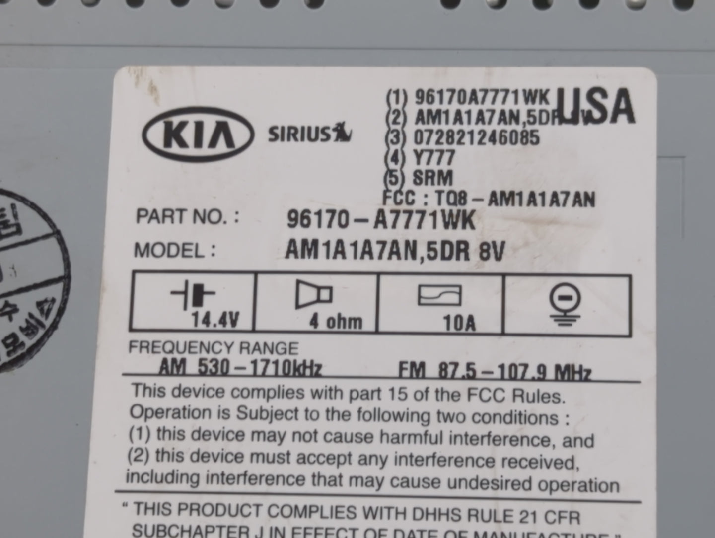 2014-2016 Kia Forte Radio AM FM Cd Player Receiver Replacement P/N:96170-A7771WK Fits Fits 2014 2015 2016 OEM Used Auto Parts - Oemusedautoparts1.com