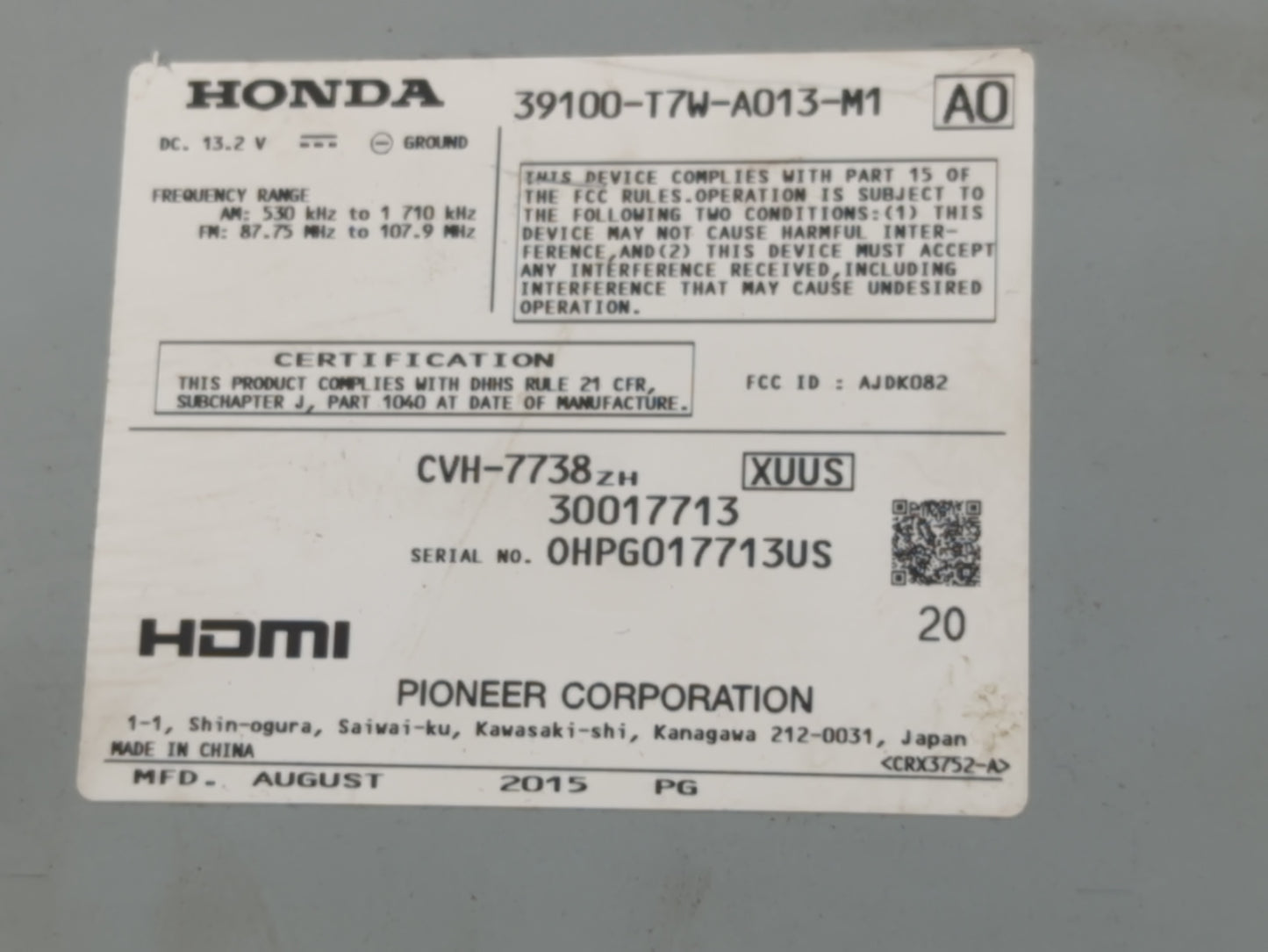 2016 Honda Hr-V Radio AM FM Cd Player Receiver Replacement P/N:39100-T7W-A013-M1 Fits OEM Used Auto Parts - Oemusedautoparts1.com