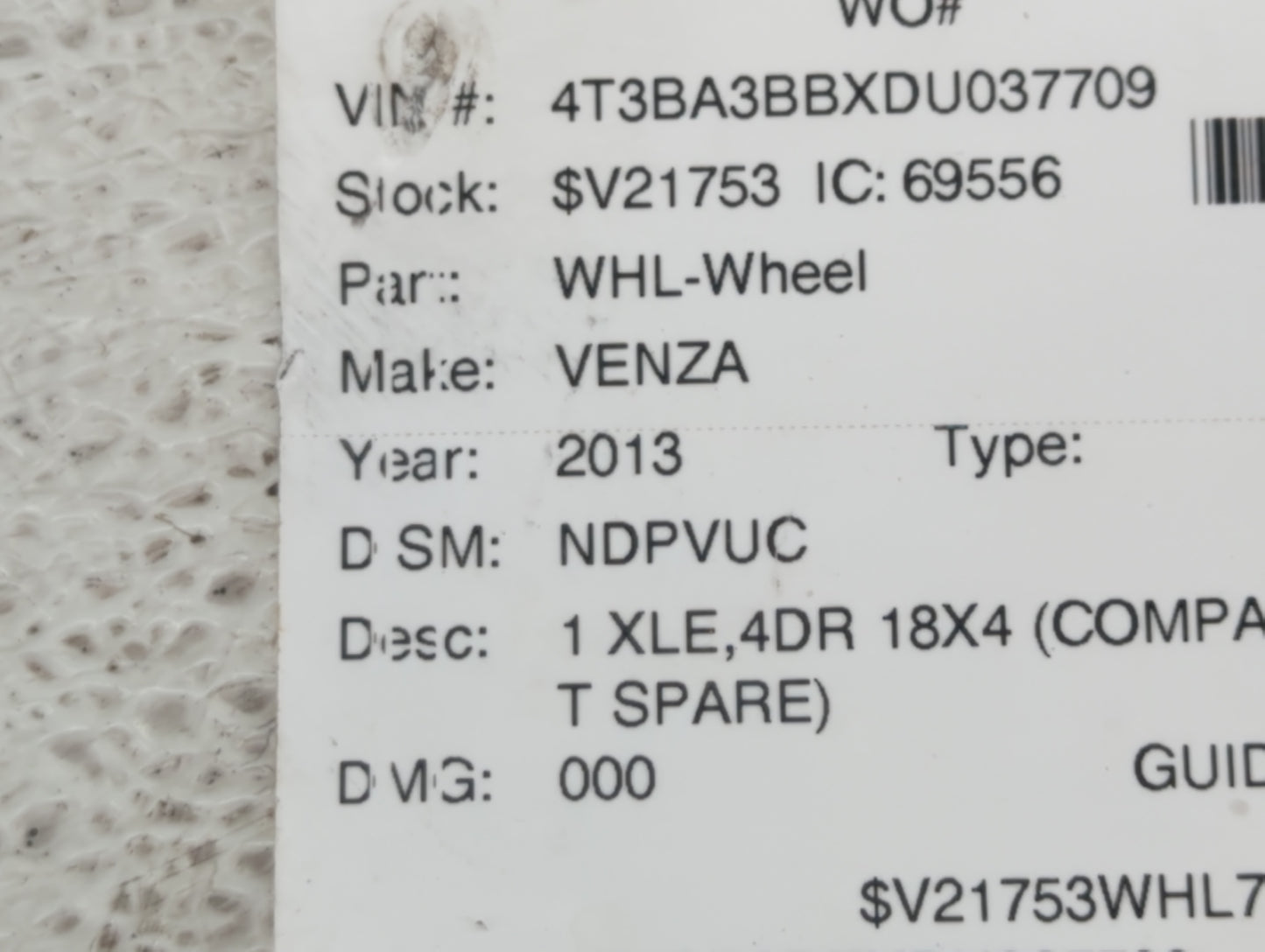 2009-2016 Toyota Venza Spare Donut Tire Wheel Rim Oem