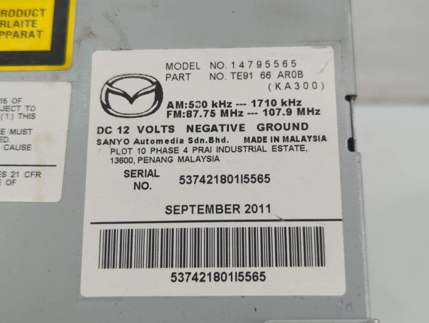 2009-2012 Mazda Cx-9 Radio AM FM Cd Player Receiver Replacement P/N:TE91 66 AR0B Fits Fits 2009 2011 2012 OEM Used Auto Parts - Oemusedautoparts1.com
