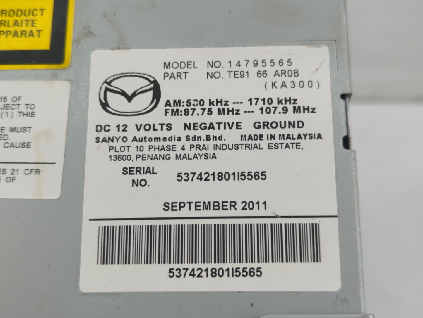 2009-2012 Mazda Cx-9 Radio AM FM Cd Player Receiver Replacement P/N:TE91 66 AR0B Fits Fits 2009 2011 2012 OEM Used Auto Parts - Oemusedautoparts1.com