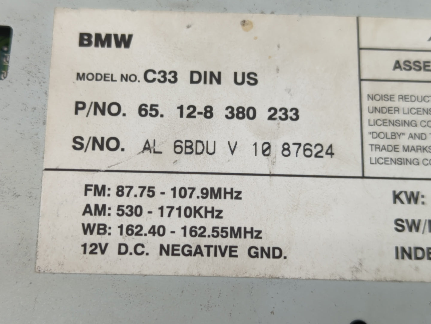 1998-1999 Bmw 323i Radio AM FM Cd Player Receiver Replacement P/N:380 233 Fits Fits 1998 1999 OEM Used Auto Parts - Oemuseda