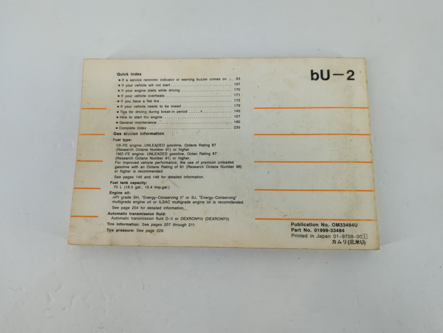 1998 Toyota Camry Owners Manual Book Guide P/N:01999-33484 OEM Used Auto Parts - Oemusedautoparts1.com