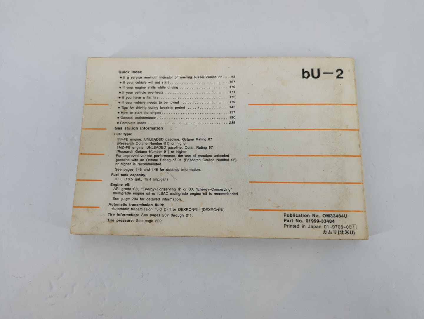 1998 Toyota Camry Owners Manual Book Guide P/N:01999-33484 OEM Used Auto Parts - Oemusedautoparts1.com