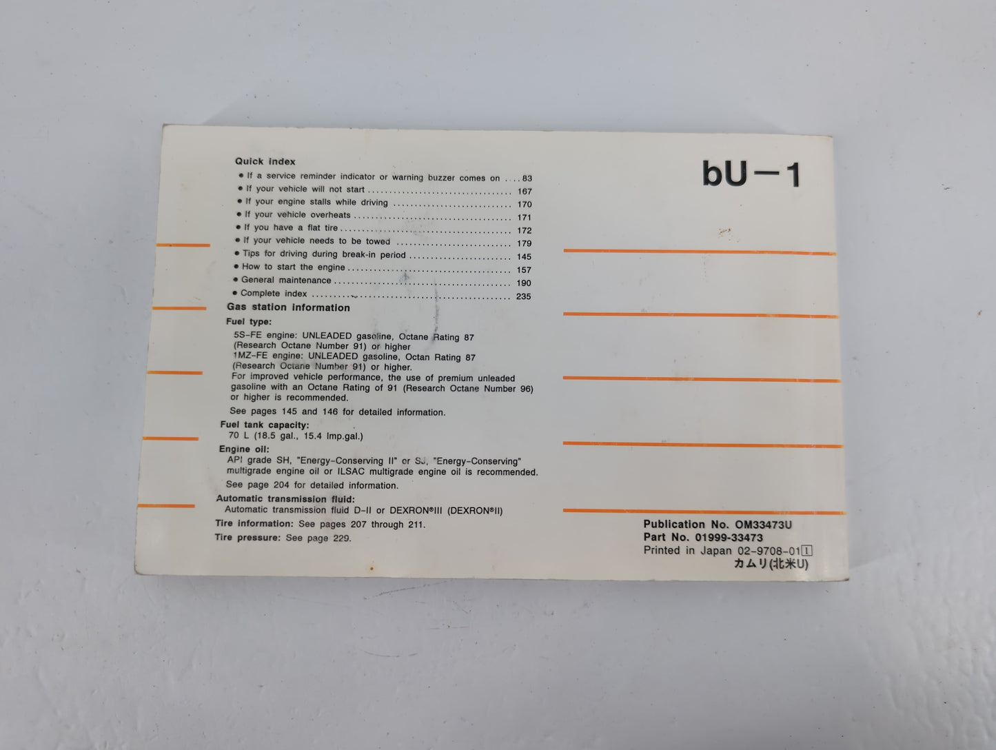 1998 Toyota Camry Owners Manual Book Guide P/N:01999-33473 OEM Used Auto Parts - Oemusedautoparts1.com