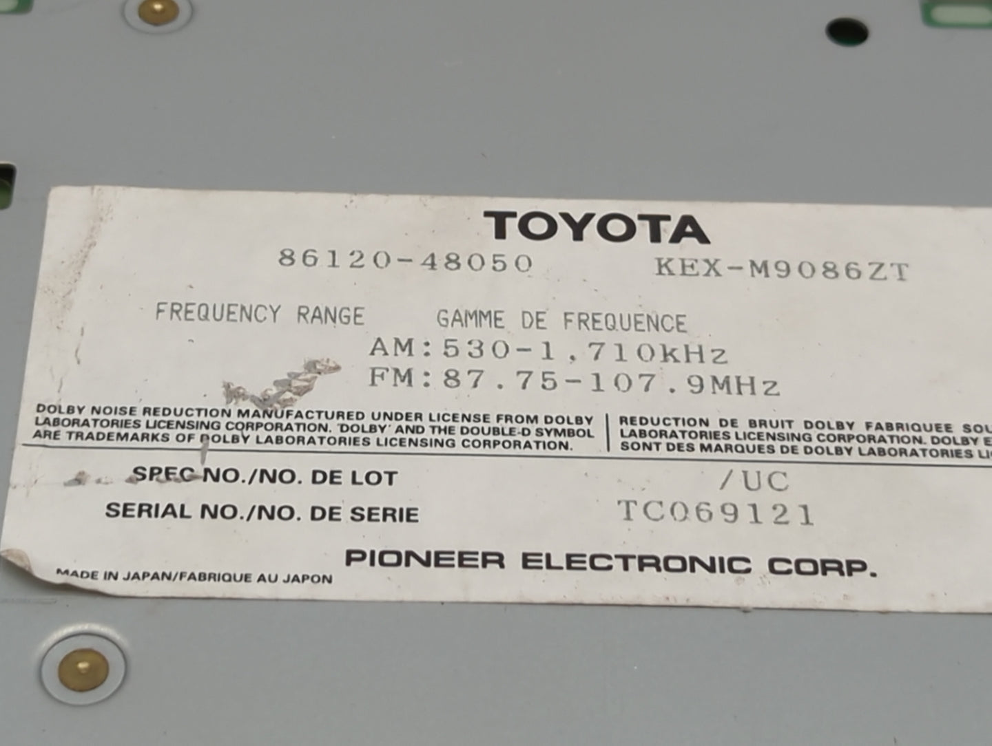 1999 Lexus Rx300 Radio AM FM Cd Player Receiver Replacement P/N:86120-48050 KEX-M9086ZT, TC069121 Fits OEM Used Auto Parts -