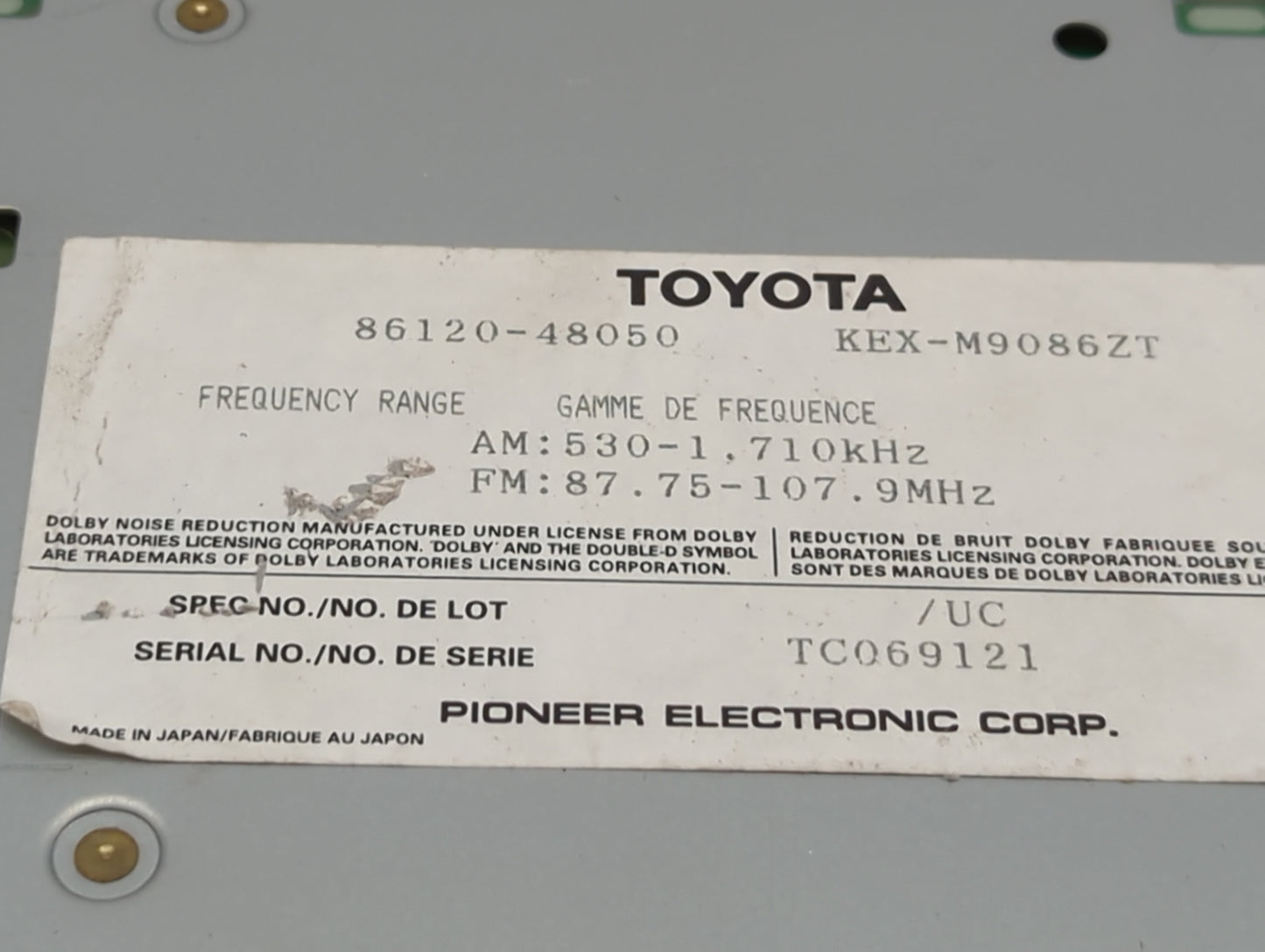 1999 Lexus Rx300 Radio AM FM Cd Player Receiver Replacement P/N:86120-48050 KEX-M9086ZT, TC069121 Fits OEM Used Auto Parts -