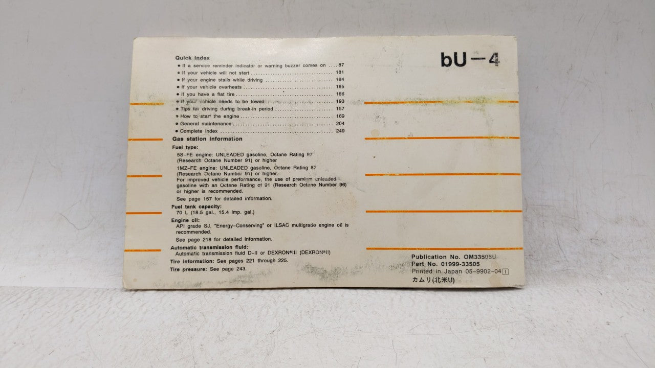 1999 Toyota Camry Owners Manual Book Guide OEM Used Auto Parts - Oemusedautoparts1.com