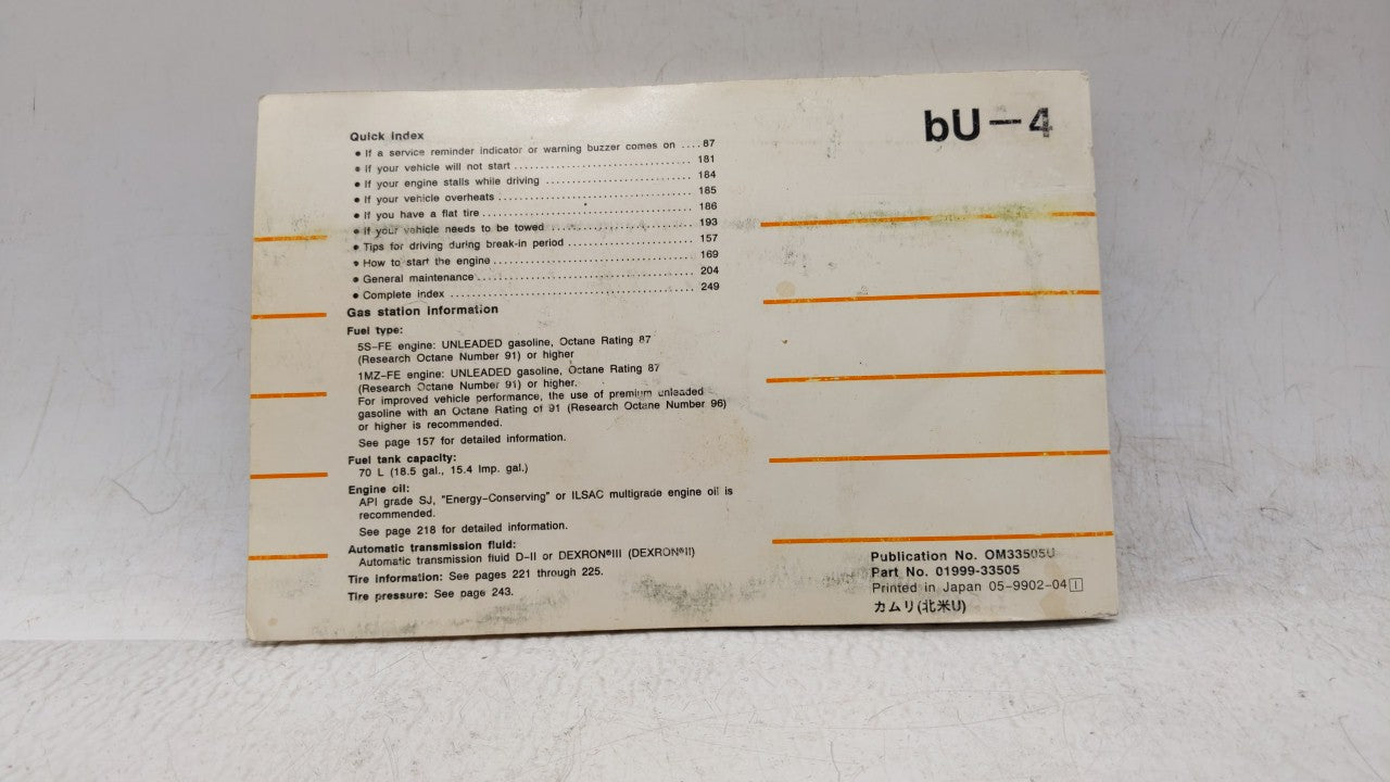 1999 Toyota Camry Owners Manual Book Guide OEM Used Auto Parts - Oemusedautoparts1.com