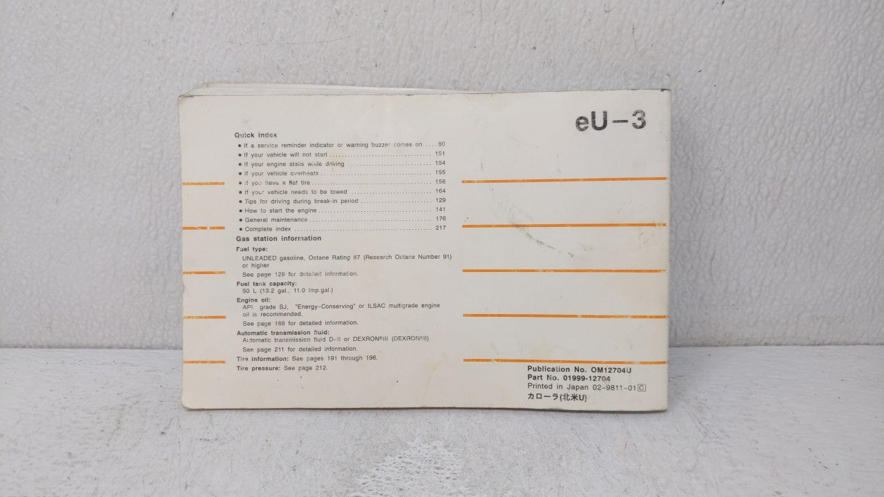 1999 Toyota Corolla Owners Manual Book Guide OEM Used Auto Parts - Oemusedautoparts1.com