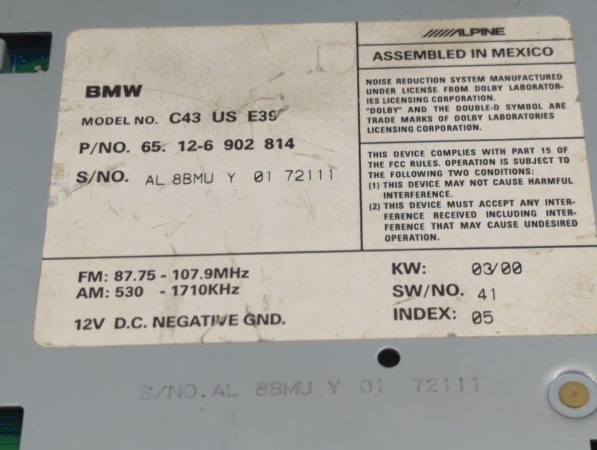 2000 Bmw 528i Radio AM FM Cd Player Receiver Replacement P/N:65.12-6 902 814 C43 US E39 OEM Used Auto Parts - Oemusedautopar