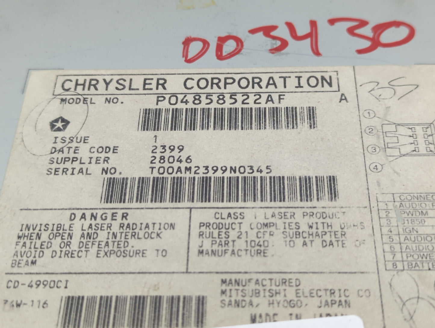 1999-2002 Chrysler 300m Radio AM FM Cd Player Receiver Replacement P/N:P04858522AF Fits Fits 1998 1999 2000 2001 2002 OEM Us
