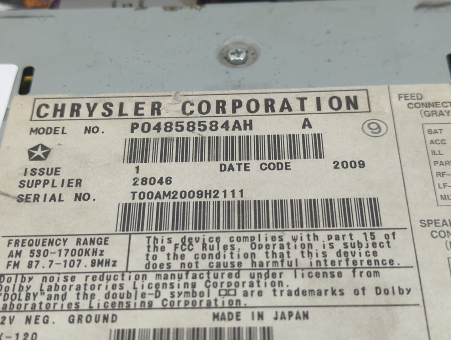 1999-2002 Chrysler 300m Radio AM FM Cd Player Receiver Replacement P/N:P04858584AH Fits Fits 1998 1999 2000 2001 2002 OEM Us