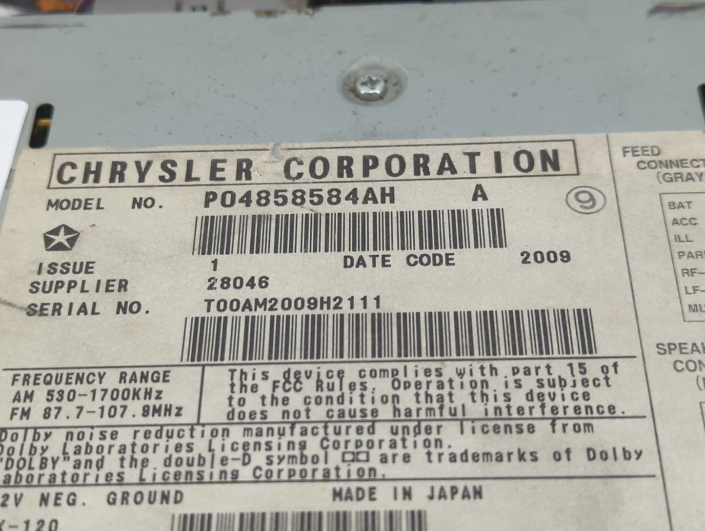 1999-2002 Chrysler 300m Radio AM FM Cd Player Receiver Replacement P/N:P04858584AH Fits Fits 1998 1999 2000 2001 2002 OEM Us
